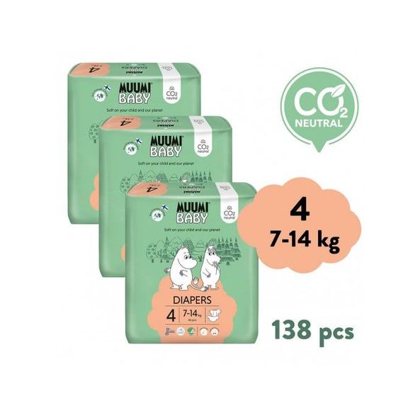 MUUMI BABY 4 MAXI 7–14 KG (138 KS), MĚSÍČNÍ BALENÍ EKO PLEN - JEDNORÁZOVÉ PLENY - VŠETKO NA PREBAĽOVANIE