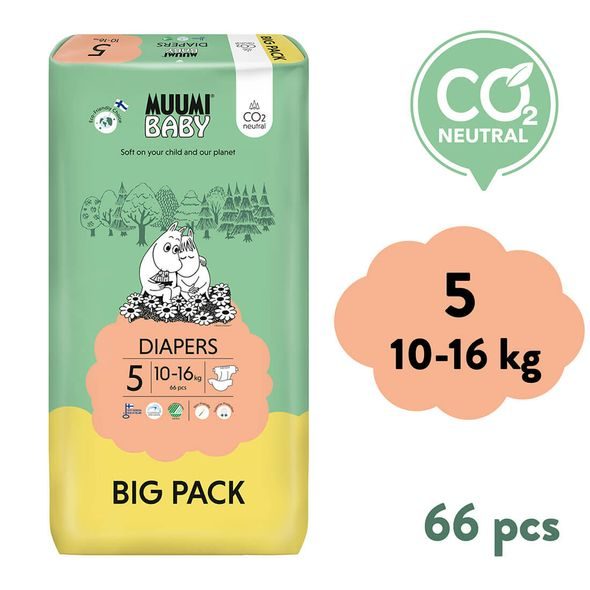 MUUMI BABY 5 MAXI+ 10–16 KG (66 KS), EKO PLENY - JEDNORÁZOVÉ PLENY - PŘEBALOVÁNÍ