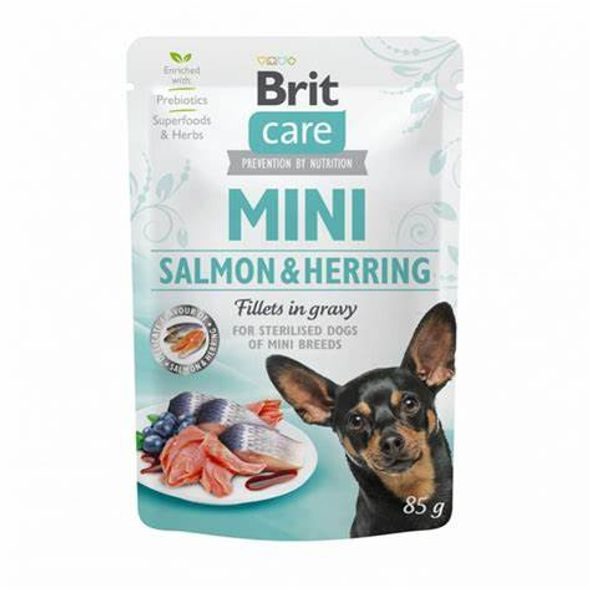 BRIT CARE MINI SALMON&HERRING STERILISED FILLETS IN GRAVY 85G - KAPSIČKY PRO KOČKY - CHOVATELSKÉ POTŘEBY MALVÍKZOO