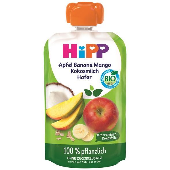 HIPP BIO 100% ROSTLINNÉ JABLKO-BANÁN-MANGO-KOKOS-OVES 100 G - KAPSIČKY - KRMENÍ