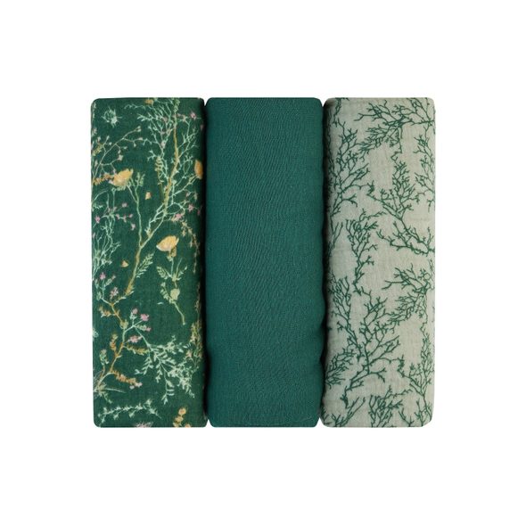 KIKKABOO PLENY MUŠELÍNOVÉ 75X75 CM 3KS SECRET GARDEN GREEN - LÁTKOVÉ PLENY ALL IN ONE - PŘEBALOVÁNÍ