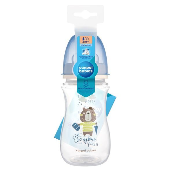 CANPOL BABIES LAHEV SE ŠIROKÝM HRDLEM BONJOUR PARIS 240ML MODRÁ - KOJENECKÉ LAHVE - KRMENÍ