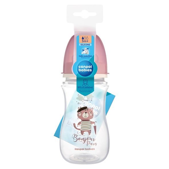 CANPOL BABIES LAHEV SE ŠIROKÝM HRDLEM BONJOUR PARIS 240ML RŮŽOVÁ - KOJENECKÉ LAHVE - KRMENÍ