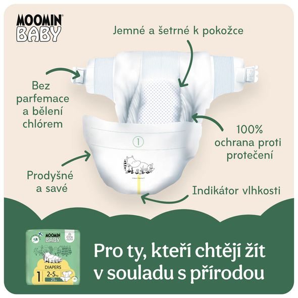 MOOMIN BABY 1 NEWBORN 2–5 KG (75 KS), MĚSÍČNÍ BALENÍ EKO PLEN + KOŠ ZDARMA - JEDNORÁZOVÉ PLENY - PŘEBALOVÁNÍ