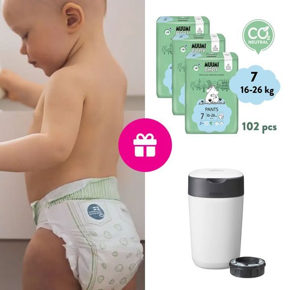 MUUMI BABY PANTS 7 XL 16-26 KG (102 KS), MĚSÍČNÍ BALENÍ KALHOTKOVÝCH EKO PLEN + KOŠ ZDARMA - JEDNORÁZOVÉ PLENY - PŘEBALOVÁNÍ