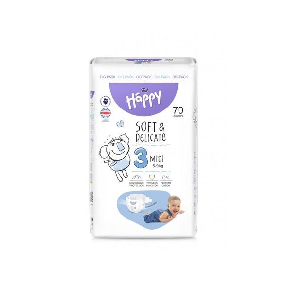 BELLA BABY HAPPY SOFT&DELICATE 3 MIDI 5-9KG 70KS - JEDNORÁZOVÉ PLENY - PŘEBALOVÁNÍ