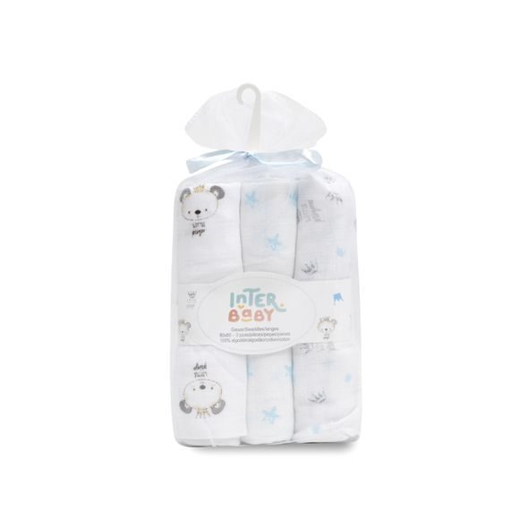 INTERBABY PLENKA ZVÍŘÁTKA 3KS 80X80CM - BÍLO/MODRÁ - LÁTKOVÉ PLENY SKLÁDANÉ - PŘEBALOVÁNÍ