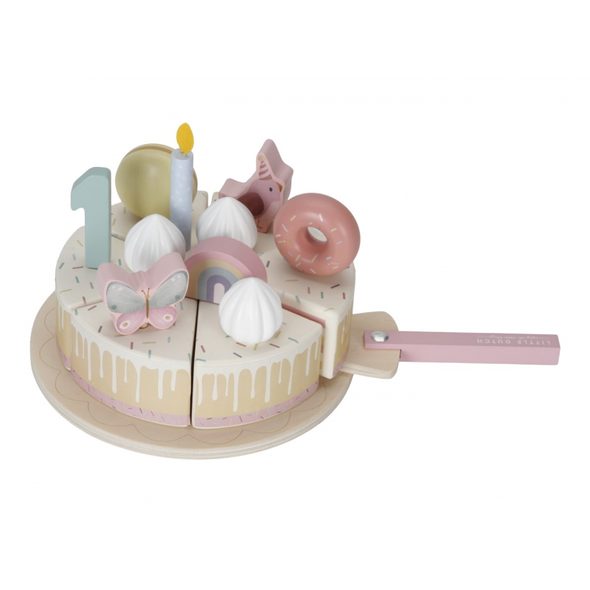 LITTLE DUTCH NAROZENINOVÝ DORT 26 DÍLŮ DŘEVĚNÝ PINK - KOSTKY - PRO DĚTI