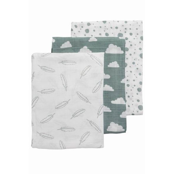 MEYCO PLENY 3-BALENÍ FEATHERS-CLOUDS-DOTS STONE GREEN/WHITE - ZAVINOVACÍ PLENY / OSUŠKY VELKÉ - PŘEBALOVÁNÍ