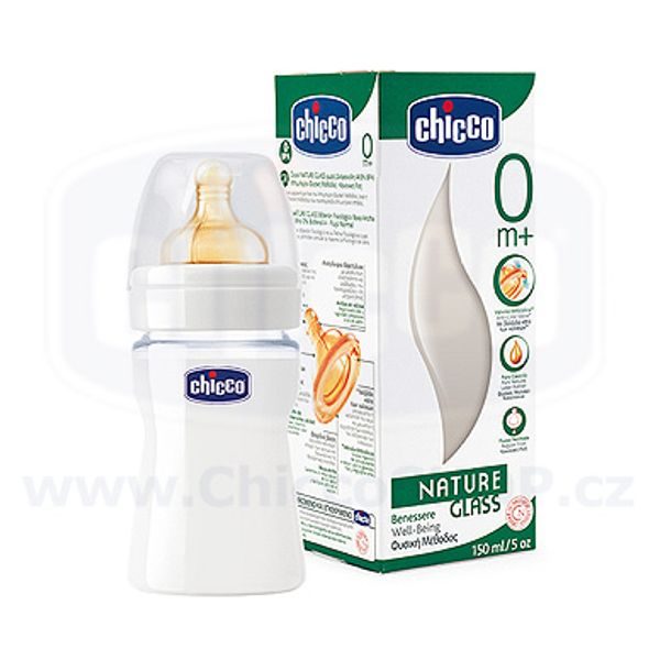 CHICCO FYZIOLOGICKÁ SKLENĚNÁ LÁHEV,150ML,KAUČUKOVÝ DUDLÍK 0+ - KOJENECKÉ LAHVE - KRMENÍ