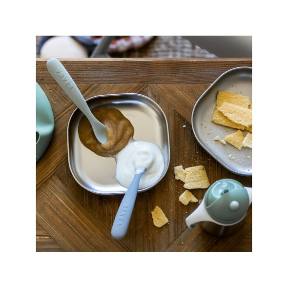 BEABA PRVNÍ LŽIČKY SILIKONOVÉ 2 KS S POUZDREM PEBBLE GREEN - LŽIČKY A PŘÍBORY - KRMENÍ