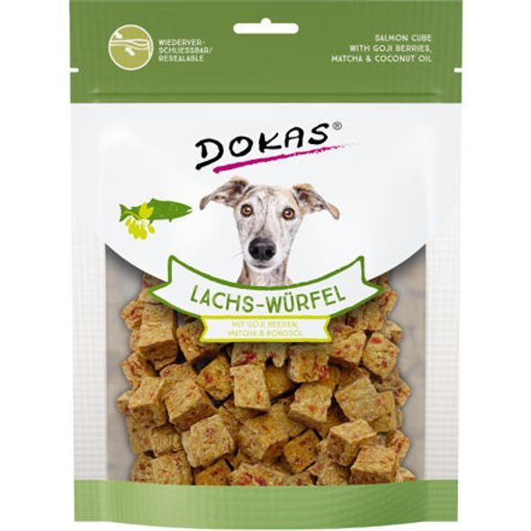 DOKAS - KOSTKY Z LOSOSA S GOJI A MATCHOU 150 G - SUŠENÉ PAMLSKY PRO PSY - CHOVATELSKÉ POTŘEBY MALVÍKZOO