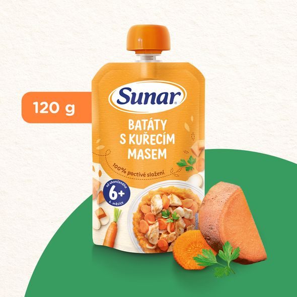 SUNAR PŘÍKRM BATÁTY S KUŘECÍM MASEM 6M+ 120 G - KAPSIČKY - KRMENÍ