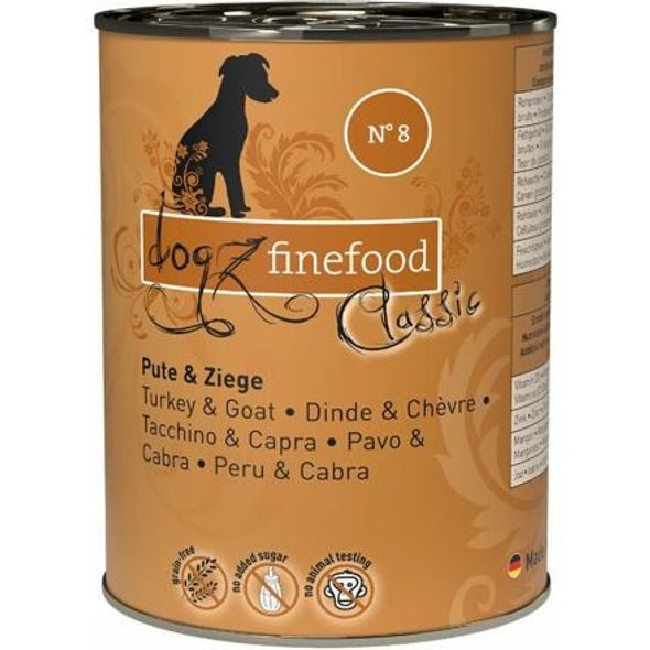 DOGZ FINEFOOD KONZERVA Č.8 - S KRŮTÍM A KOZÍM MASEM 400 G - KONZERVY PRO PSY - CHOVATELSKÉ POTŘEBY MALVÍKZOO