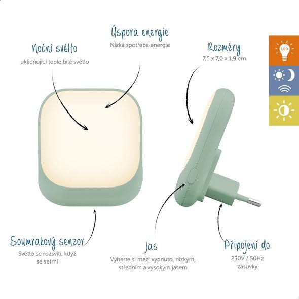 ZAZU SOCKET ZELENÉ - NOČNÍ SVĚTLO DO ZÁSUVKY SE SENZOREM SOUMRAKU - NOČNÍ SVĚTLA - SPINKÁNÍ