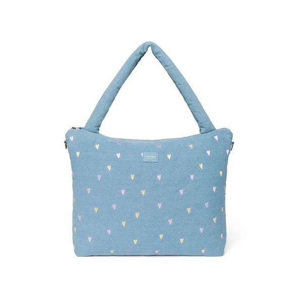 STUDIO NOOS DENIM DIAPER BAG - PŘEBALOVACÍ TAŠKA | HEARTS LIGHT BLUE HEARTS - PŘEBALOVACÍ TAŠKY - KOČÁRKY A PŘÍSLUŠENSTVÍ