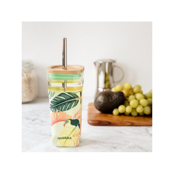 QUOKKA SKLENĚNÝ CESTOVNÍ HRNEK S BRČKEM LIQUID CUBE TROPICAL TOUCANS 540 ML - SPORTOVNÍ LAHVE - KRMENÍ