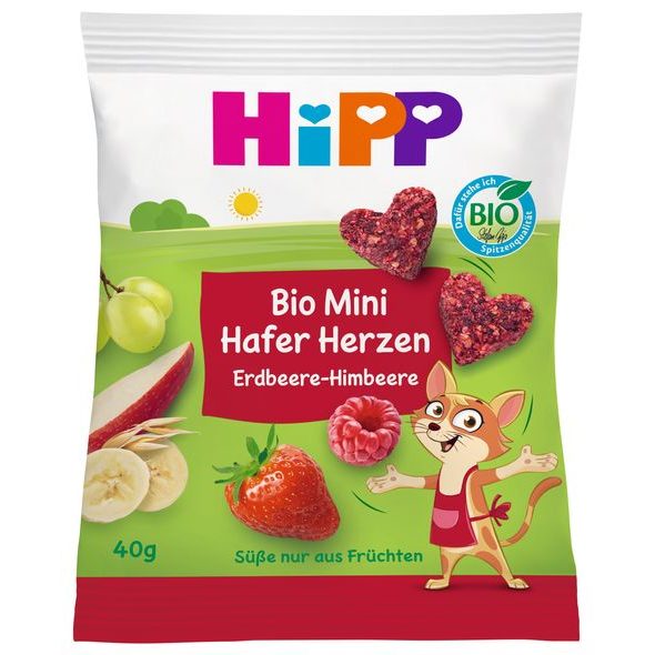 HIPP BIO OVOCNO-OBILNÁ SRDÍČKA JAHODA-MALINA 40 G - TYČINKY/SUŠENKY - KRMENÍ