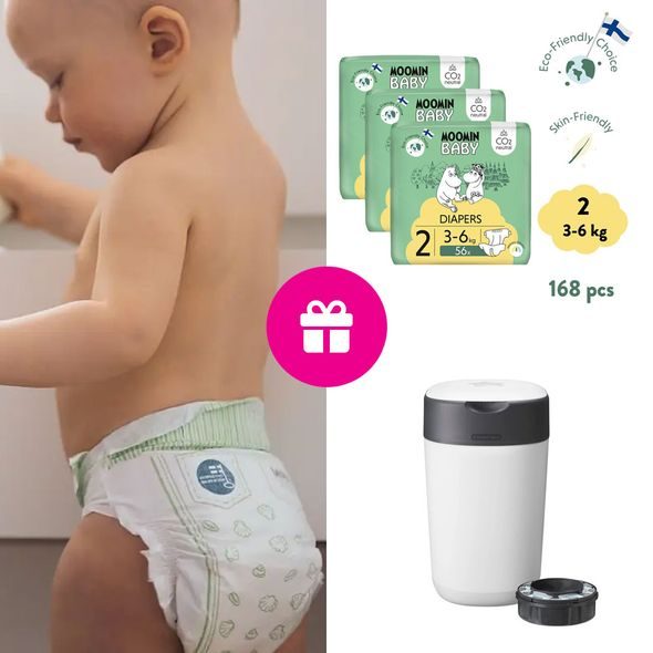 MOOMIN BABY 2 NEWBORN 3–6 KG (168 KS), MĚSÍČNÍ BALENÍ EKO PLEN + KOŠ ZDARMA - JEDNORÁZOVÉ PLENY - PŘEBALOVÁNÍ