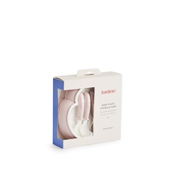 BABYBJÖRN TALÍŘEK SE LŽIČKOU A VIDLIČKOU PUDROVĚ RŮŽOVÝ SET 2KS - MISKY, TALÍŘKY A PODLOŽKY - KRMENÍ