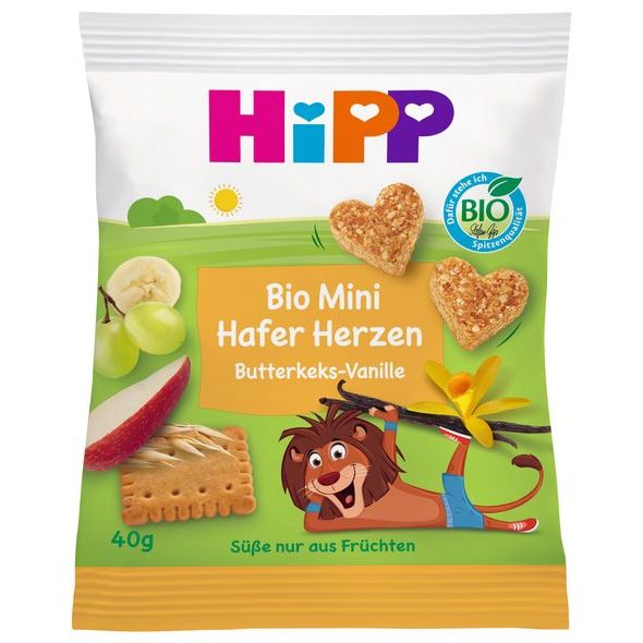 HIPP BIO OVOCNO-OBILNÁ SRDÍČKA MÁSLOVÉ SUŠENKY VANILKA 40 G - TYČINKY/SUŠENKY - KRMENÍ