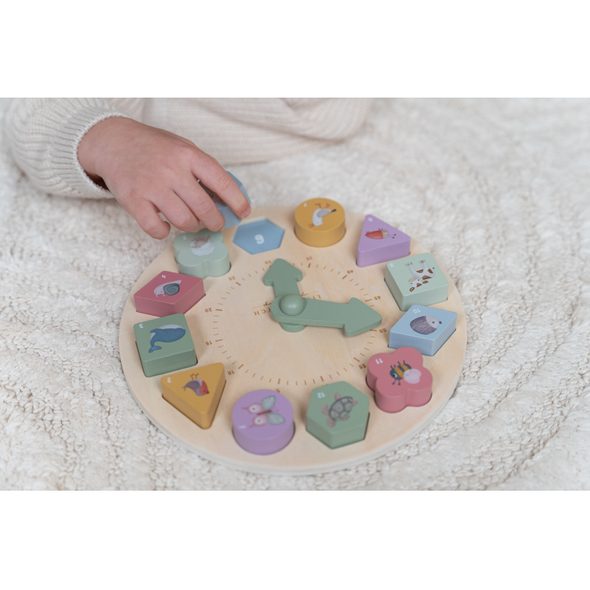 LITTLE DUTCH HODINY S PUZZLE KOSTKAMI DŘEVĚNÉ FARMA - VKLÁDÁNÍ TVARŮ - PRO DĚTI