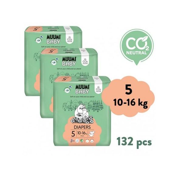 MUUMI BABY 5 MAXI+ 10–16 KG (132 KS), MĚSÍČNÍ BALENÍ EKO PLEN - JEDNORÁZOVÉ PLENY - VŠETKO NA PREBAĽOVANIE