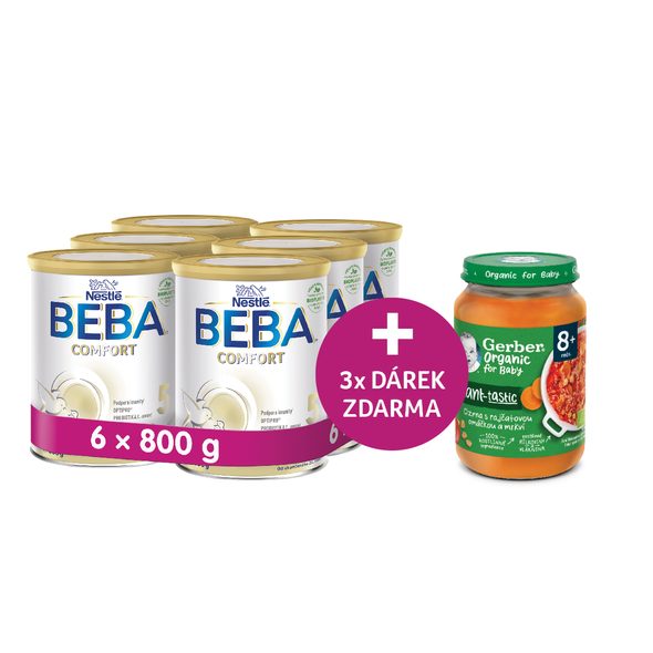 BEBA 6X COMFORT 4 (800G) + ZDARMA 3X GERBER 100% ROSTLINNÝ PŘÍKRM CIZRNA S RAJČATOVOU OMÁČKOU A MRKVÍ - KOJENECKÁ MLÉKA - KRMENÍ