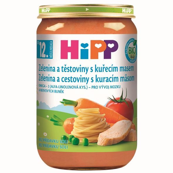 HIPP BIO ZELENINA A TĚSTOVINY S KUŘECÍM MASEM - MASO/ZELENINA - KRMENÍ