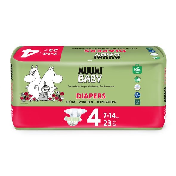 MUUMI BABY 4 MAXI 7–14 KG (23 KS), EKO PLENY - JEDNORÁZOVÉ PLENY - PŘEBALOVÁNÍ