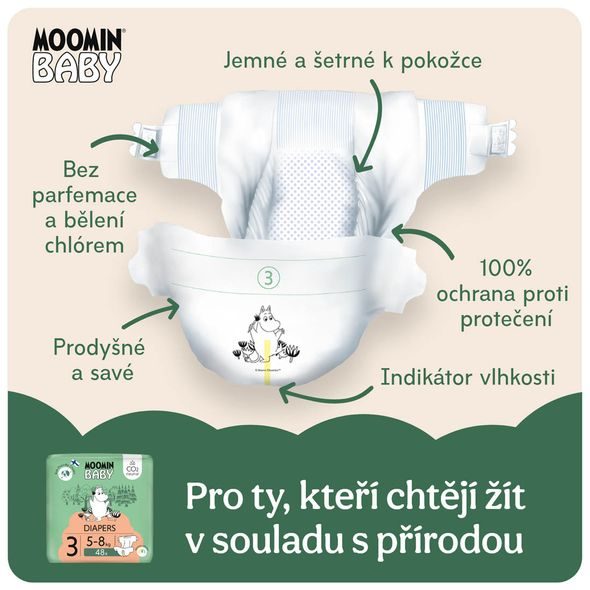 MOOMIN BABY 3 MIDI 5–8 KG (144 KS), MĚSÍČNÍ BALENÍ EKO PLEN + KOŠ ZDARMA - JEDNORÁZOVÉ PLENY - PŘEBALOVÁNÍ