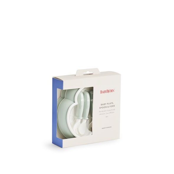 BABYBJÖRN TALÍŘEK SE LŽIČKOU A VIDLIČKOU PUDROVĚ ZELENÝ SET 2KS - MISKY, TALÍŘKY A PODLOŽKY - KRMENÍ