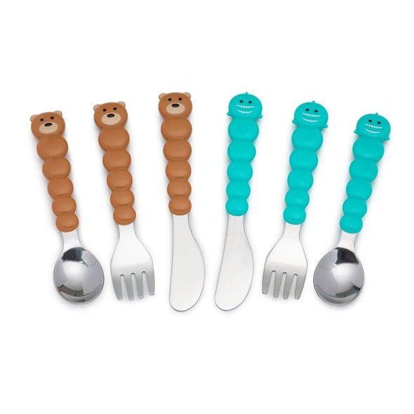 MELII DĚTSKÝ PŘÍBOR MEDVĚD/ ŽRALOK - HNĚDÝ/ MODRÝ - 6KS - LŽIČKY A PŘÍBORY - KRMENÍ