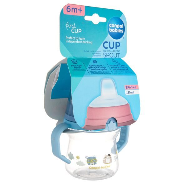 CANPOL BABIES HRNEČEK SE SILIKONOVÝM PÍTKEM FIRSTCUP BONJOUR PARIS 150ML MODRÝ - DĚTSKÉ HRNEČKY - KRMENÍ