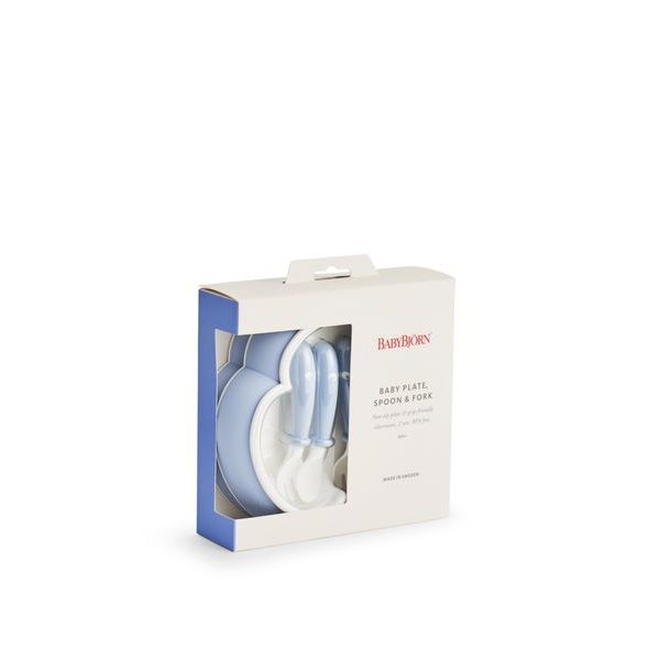 BABYBJÖRN TALÍŘEK SE LŽIČKOU A VIDLIČKOU PUDROVĚ MODRÝ SET 2KS - MISKY, TALÍŘKY A PODLOŽKY - KRMENÍ