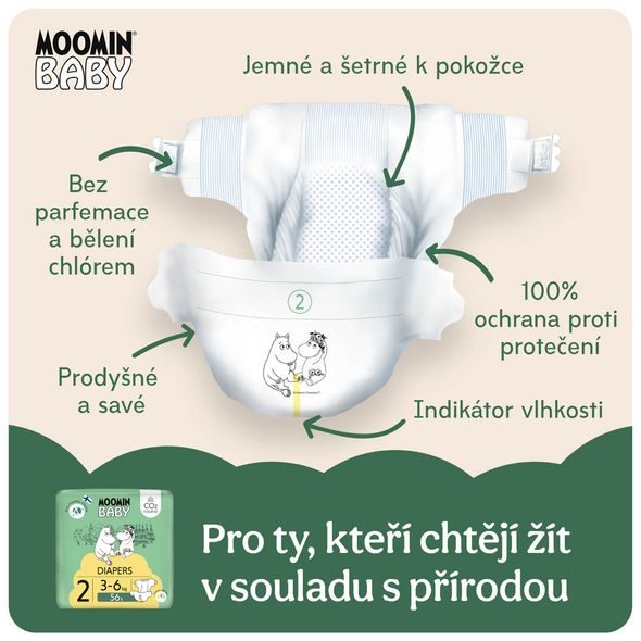MOOMIN BABY 2 NEWBORN 3–6 KG (56 KS), EKO PLENY - JEDNORÁZOVÉ PLENY - PŘEBALOVÁNÍ