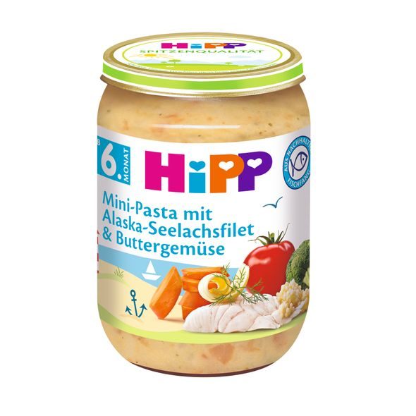 HIPP MINI TĚSTOVINY S ALJAŠSKOU TRESKOU V MÁSLOVÉ ZELENINĚ - MASO/ZELENINA - KRMENÍ