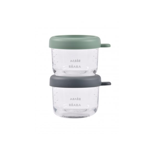 BEABA KELÍMKY NA JÍDLO SKLENĚNÉ 2X 150 ML GREEN GREY - USKLADNĚNÍ JÍDLA - KRMENÍ
