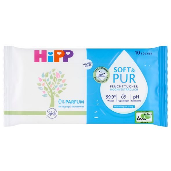 HIPP BABYSANFT ČISTÍCÍ VLHČENÉ UBROUSKY SOFT&PUR 10 KS - VLHČENÉ UBROUSKY - PŘEBALOVÁNÍ
