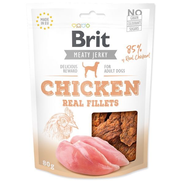 BRIT JERKY CHICKEN FILLETS 80 G - SUŠENÉ PAMLSKY PRO PSY - CHOVATELSKÉ POTŘEBY MALVÍKZOO