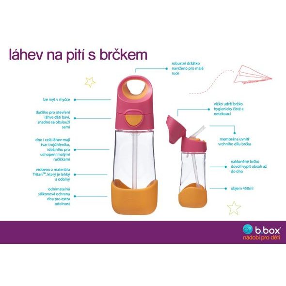 B.BOX LÁHEV NA PITÍ S BRČKEM 450 ML - LILAC POP - SPORTOVNÍ LAHVE - KRMENÍ