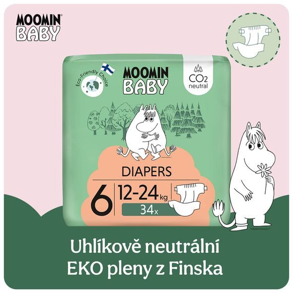 MOOMIN BABY 6 MAXI 12–24 KG (34 KS), EKO PLENY - JEDNORÁZOVÉ PLENY - PŘEBALOVÁNÍ