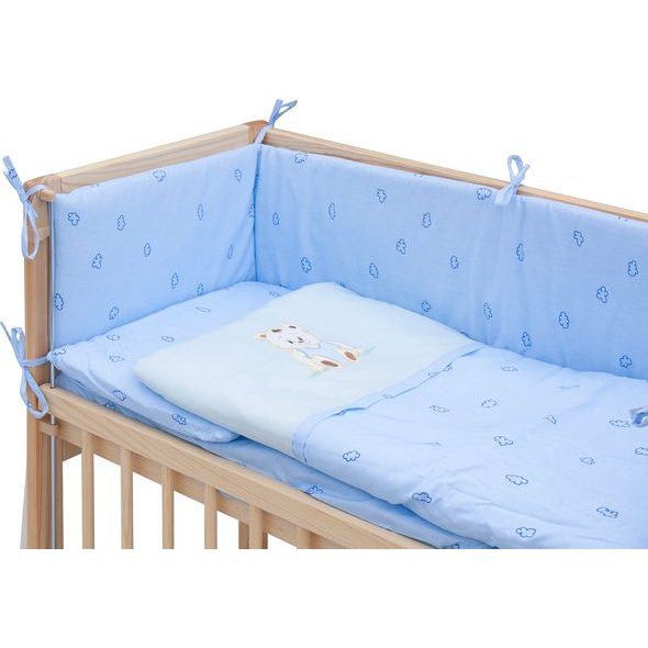 SCARLETT DĚTSKÁ POSTÝLKA BABY PŘÍRODNÍ S KOMPLETNÍ VÝBAVOU MÉĎA MODRÁ 90X41 CM - DŘEVĚNÉ POSTÝLKY - SPINKÁNÍ