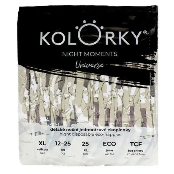 KOLORKY NIGHT MOMENTS UNIVERSE XL (12-25 KG) 25 KS NOČNÍ JEDNORÁZOVÉ EKO PLENKY - JEDNORÁZOVÉ PLENY - VŠETKO NA PREBAĽOVANIE