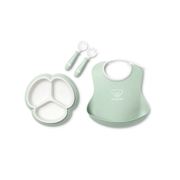 BABYBJÖRN 4 DÍLNÝ JÍDELNÍ SET S DĚLENÝM TALÍŘKEM PUDROVĚ ZELENÝ - VÝHODNÉ SADY - KRMENÍ