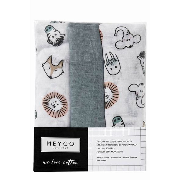 MEYCO PLENKY 3-BALENÍ ANIMAL/UNI STONE GREEN/ANIMAL - LÁTKOVÉ PLENY SKLÁDANÉ - PŘEBALOVÁNÍ