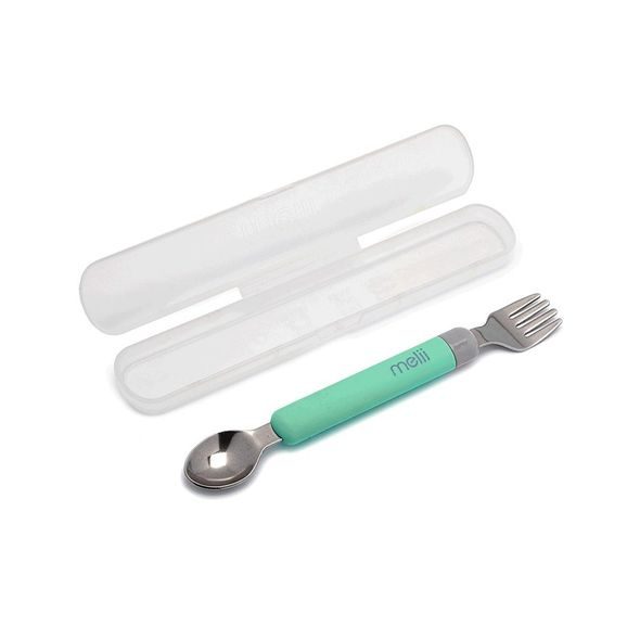 MELII DĚTSKÁ VIDLIČKA A LŽIČKA S POUZDREM - ŠEDÁ/MÁTOVÁ - LŽIČKY A PŘÍBORY - KRMENÍ