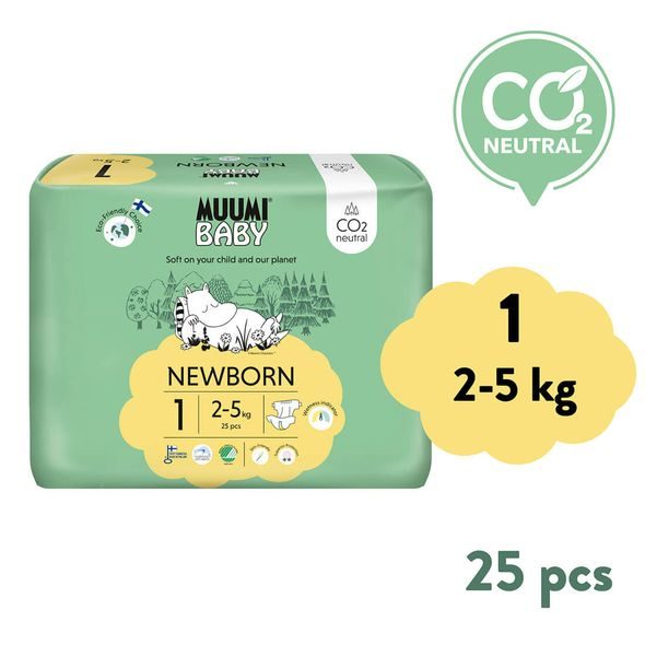 MUUMI BABY 1 NEWBORN 2–5 KG (25 KS), EKO PLENY - JEDNORÁZOVÉ PLENY - PŘEBALOVÁNÍ