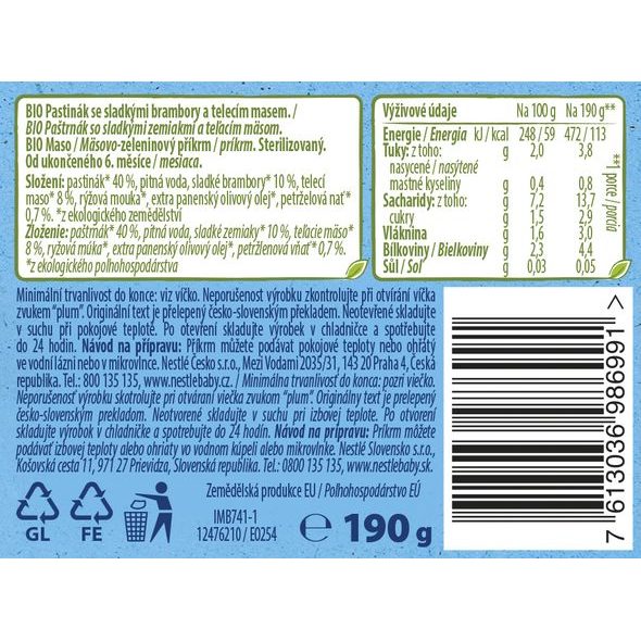NESTLÉ NATURNES BIO PASTINÁK SE SLADKÝMI BRAMBORY A TELECÍM MASEM 190G - MASO/ZELENINA - KRMENÍ