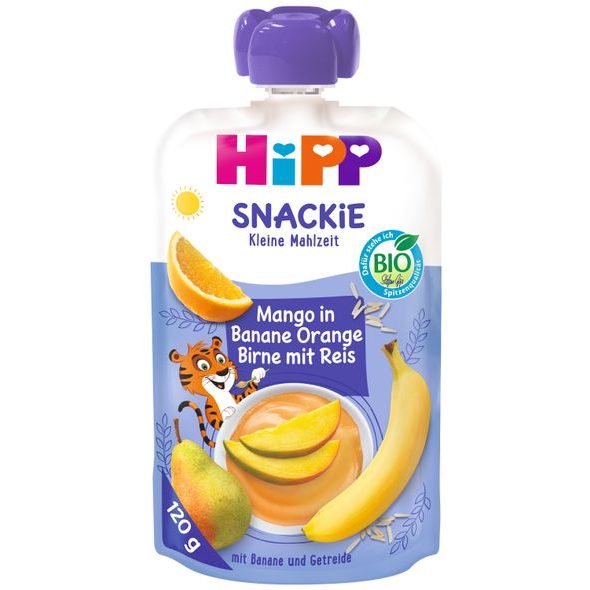 HIPP BIO SNACKIE HRUŠKA-POMERANČ-MANGO-BANÁN-RÝŽOVÁ MOUKA - KAPSIČKY - KRMENÍ